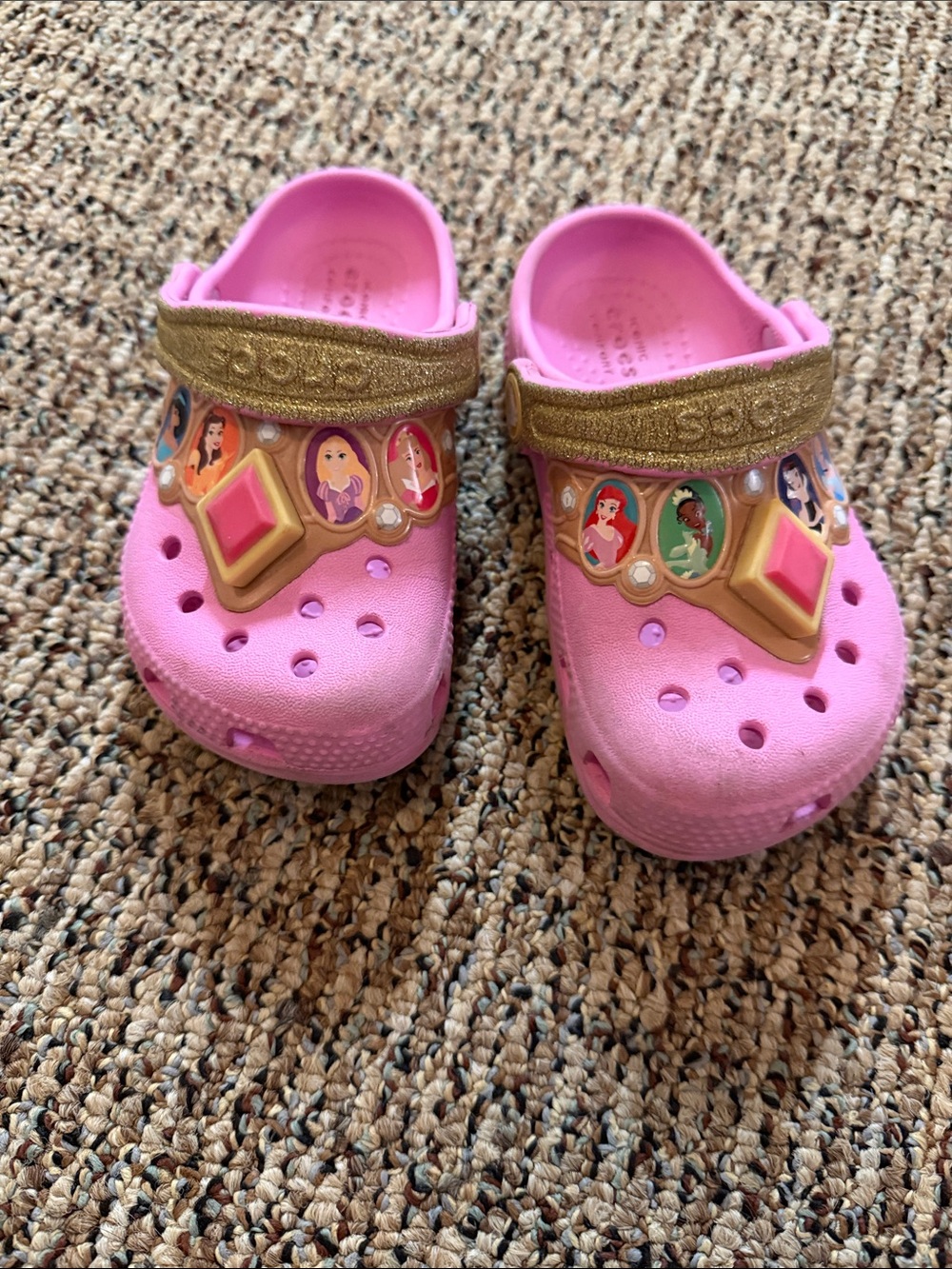CROCS Kids' Pink Princess Charm Clogs with Gold Strap